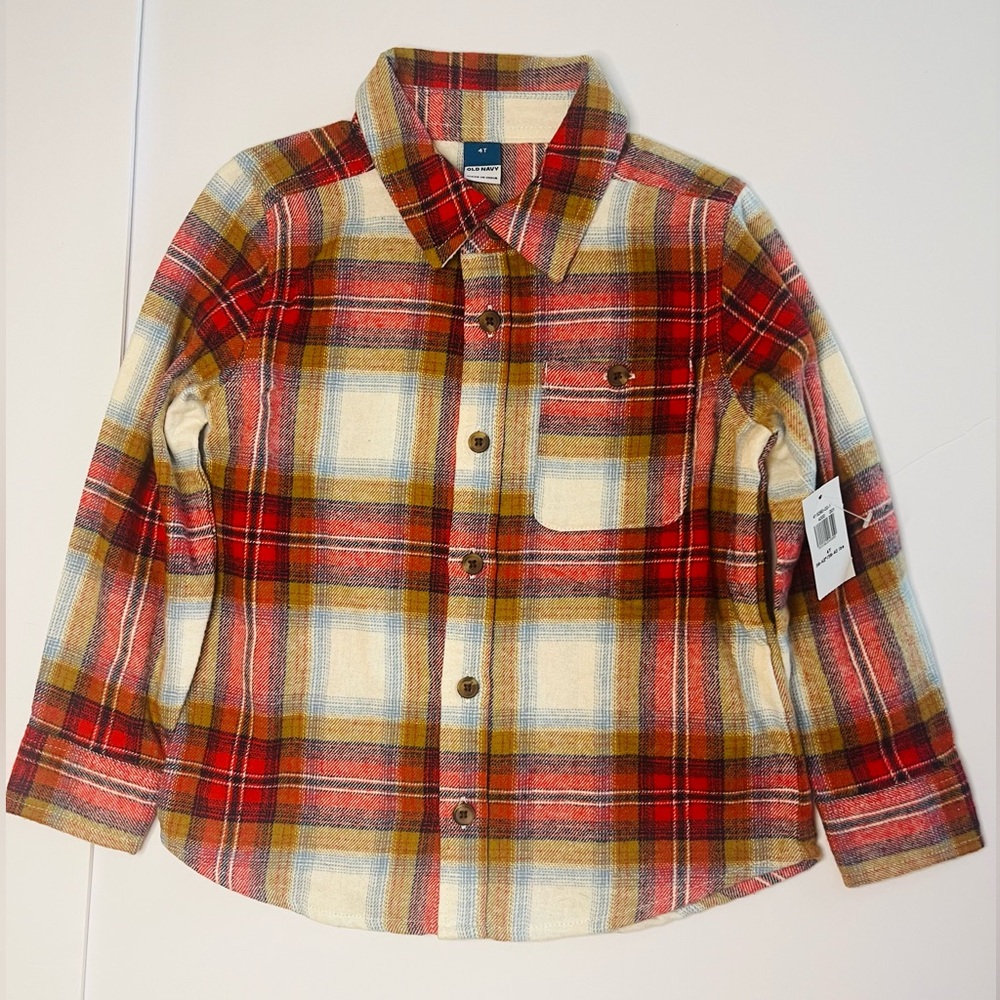 Old Navy Shirt Toddler Button Down Flannel Plaid Red And Tan 4T Unisex NWT